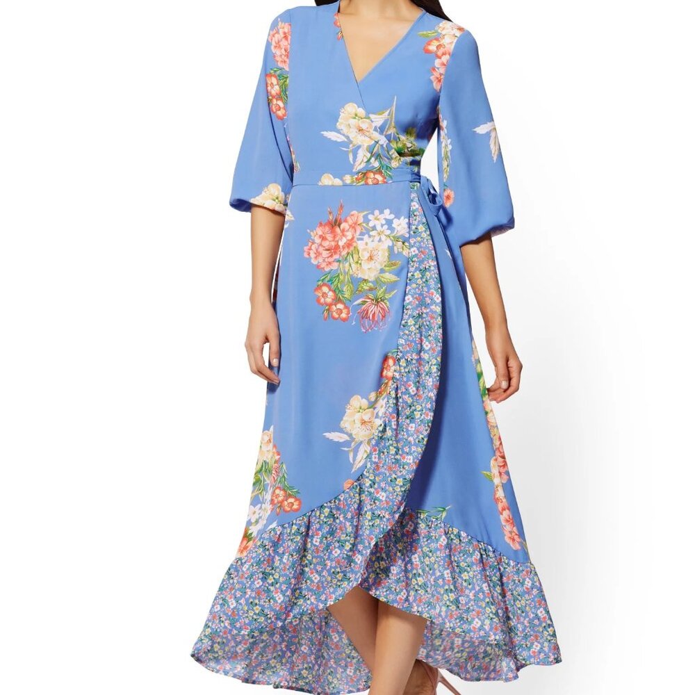 New York & Company Blue Floral High-Low Wrap Dress - Picture 1 of 3